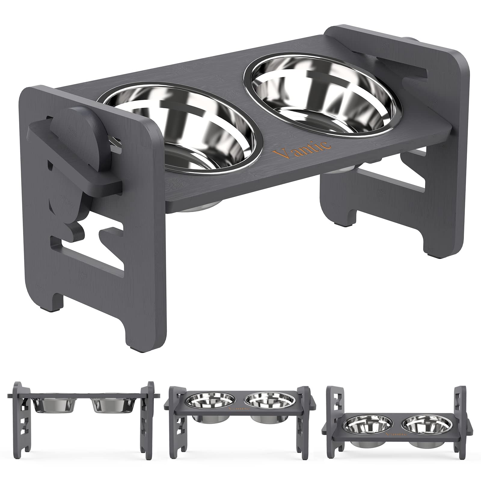 Vantic Adjustable Raised Dog Bowls with Bamboo Stand