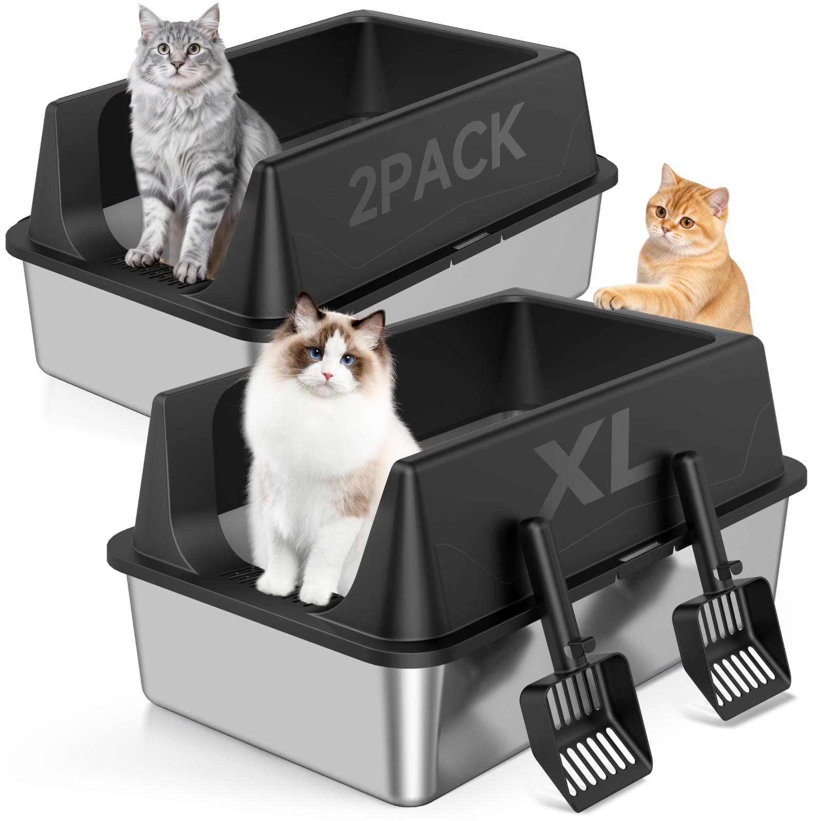 TEVILA XL Stainless Steel High-Sided Litter Boxes, 2-Pack