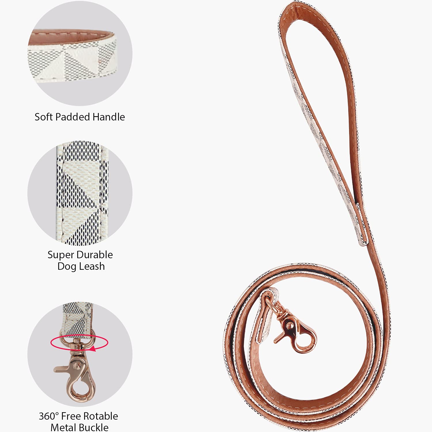 KUDES Checkered Leather Dog Collar and 4 ft Leash Set