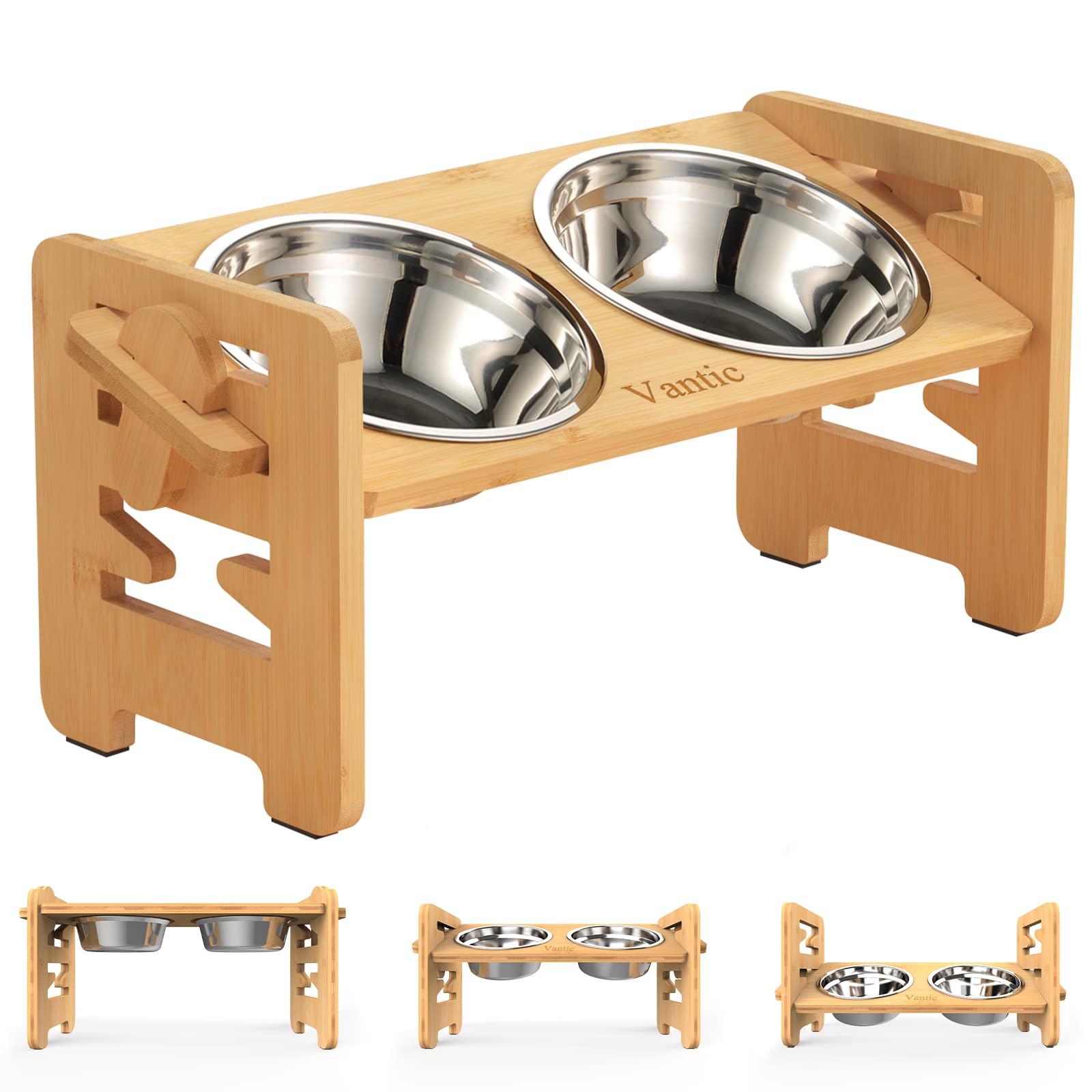 Vantic Adjustable Raised Dog Bowls with Bamboo Stand