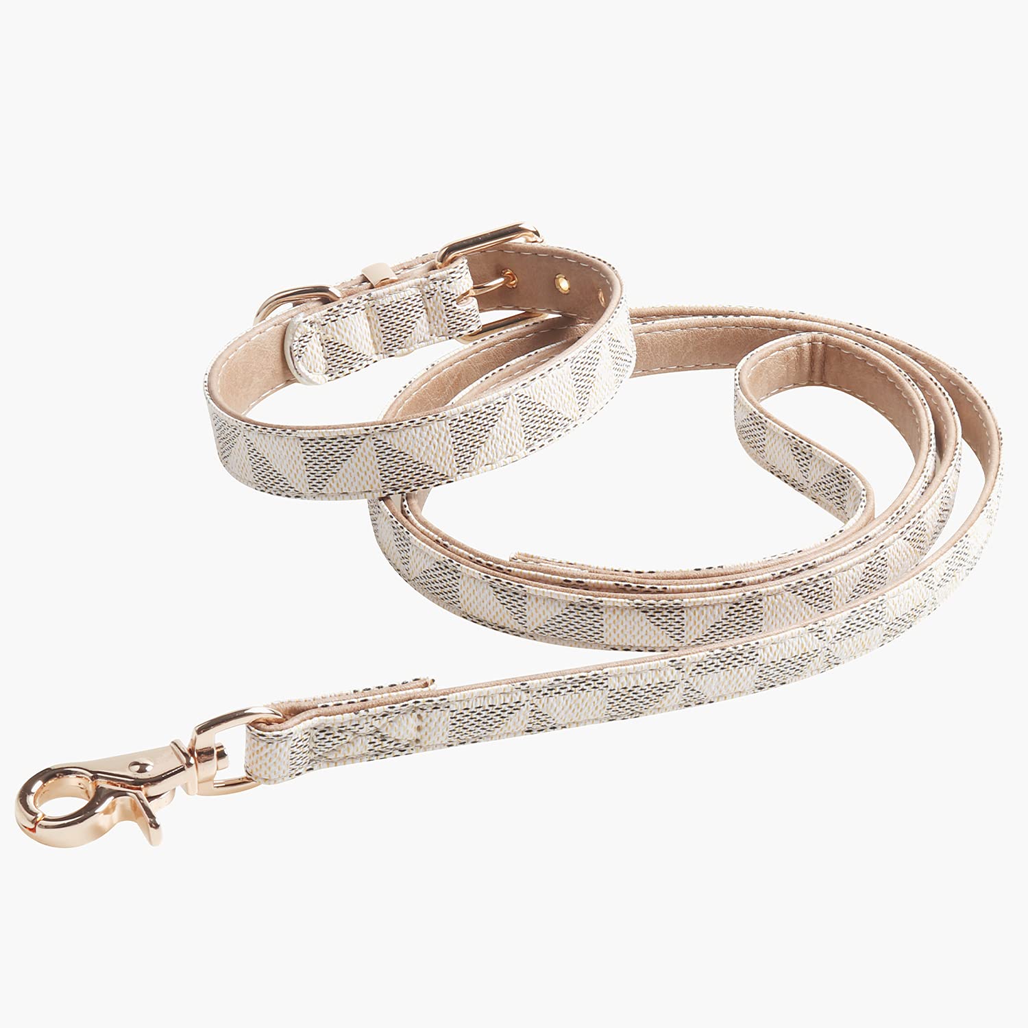 KUDES Checkered Leather Dog Collar and 4 ft Leash Set