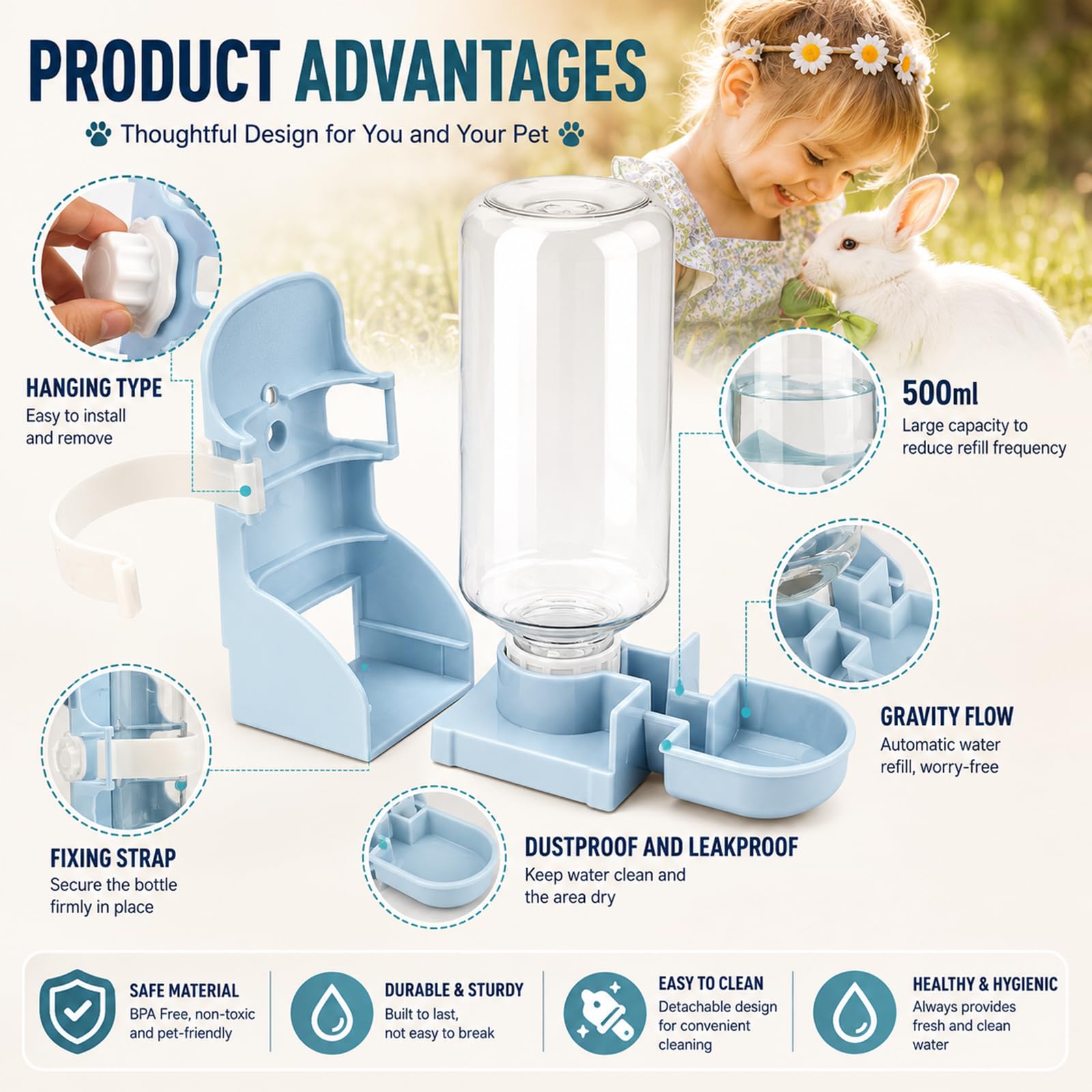 Rypet 17 oz No-Drip Hanging Rabbit Water Bottle