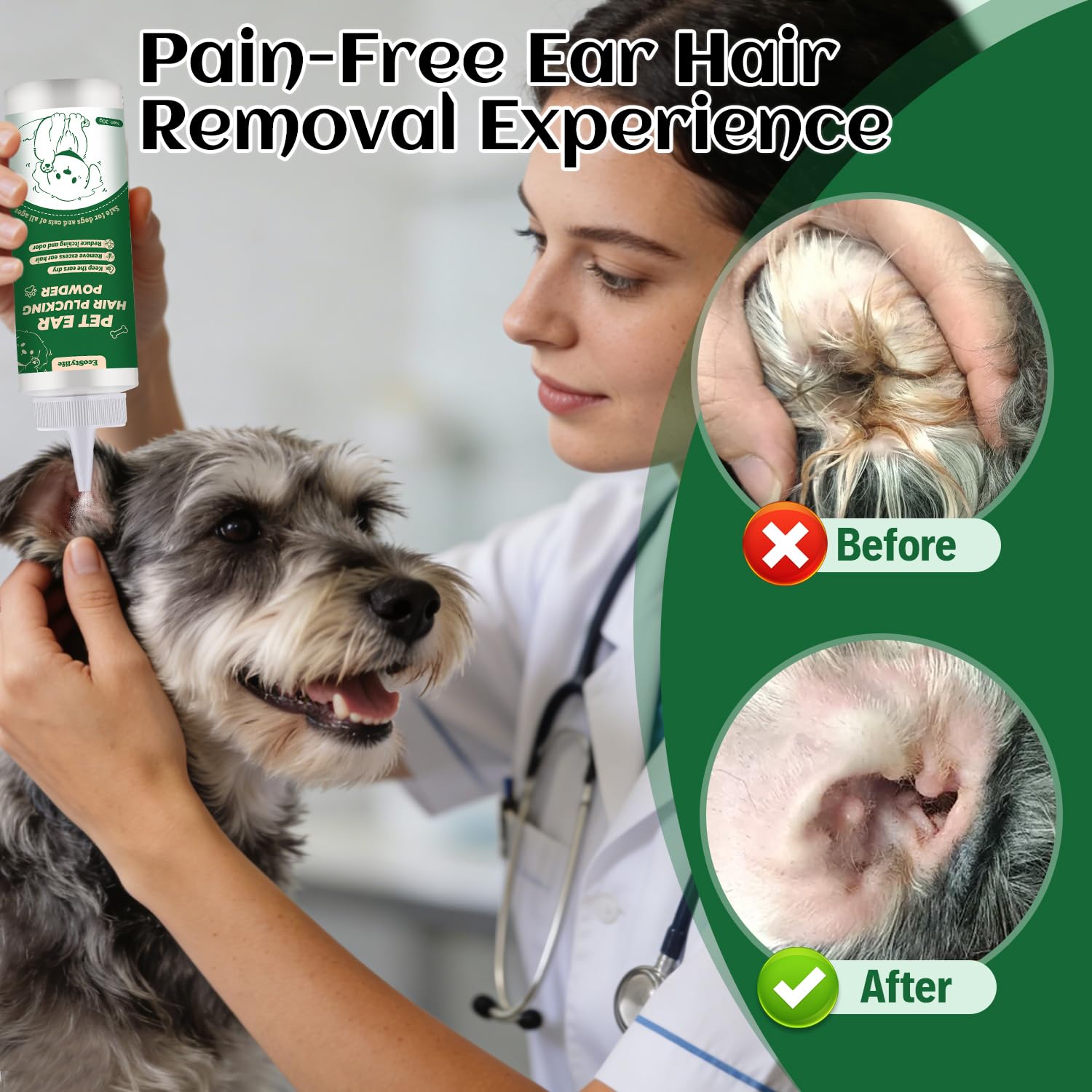 EcoStylife Dog Ear Hair Removal Kit with Powder and Trimmer