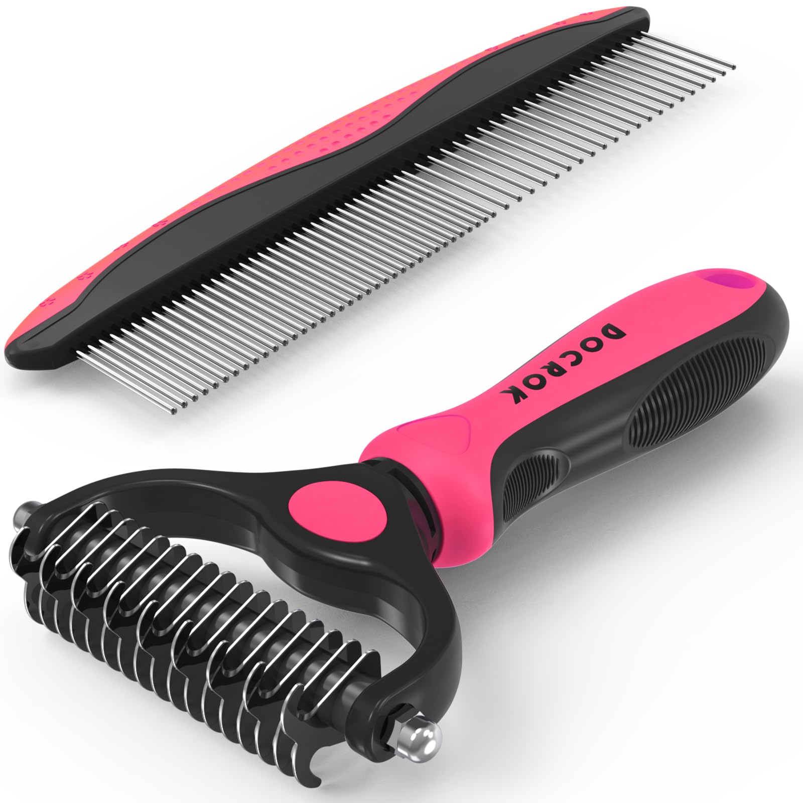 Docrok Pet Grooming Brush and Stainless Steel Comb Set