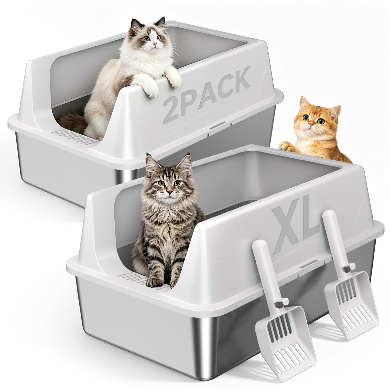TEVILA XL Stainless Steel High-Sided Litter Boxes, 2-Pack