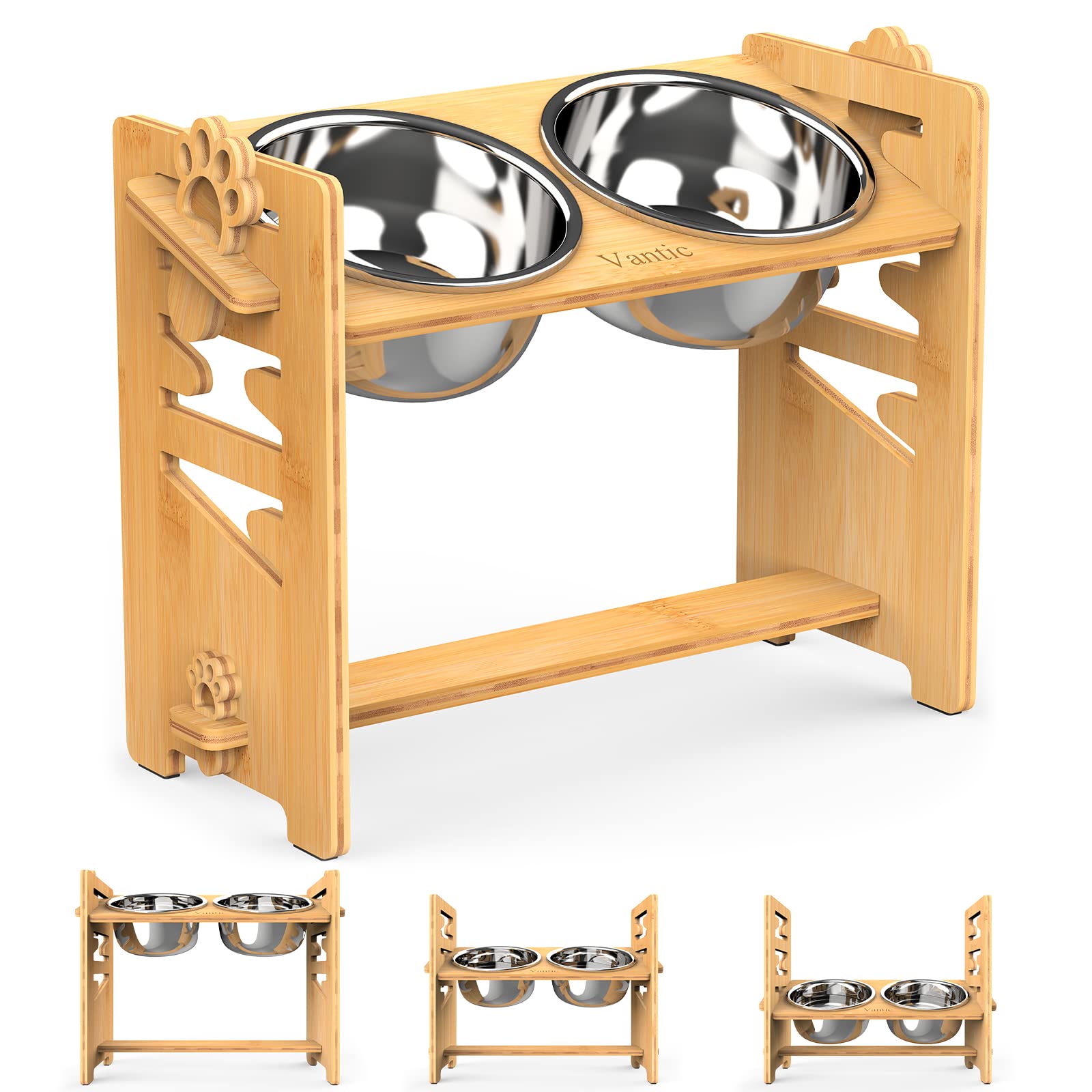 Vantic Adjustable Raised Dog Bowls with Bamboo Stand