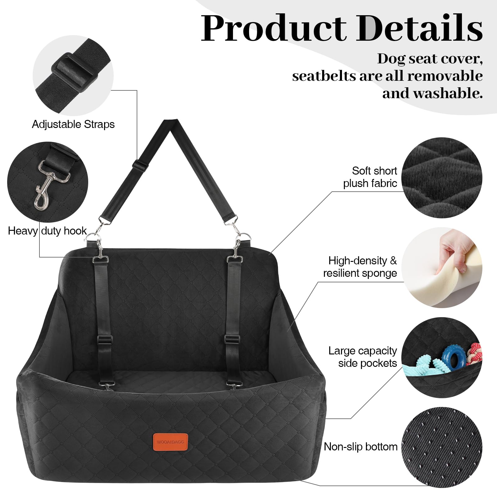 Wooaidagg Memory Foam Dog Car Seat for Dogs Up to 55 lb