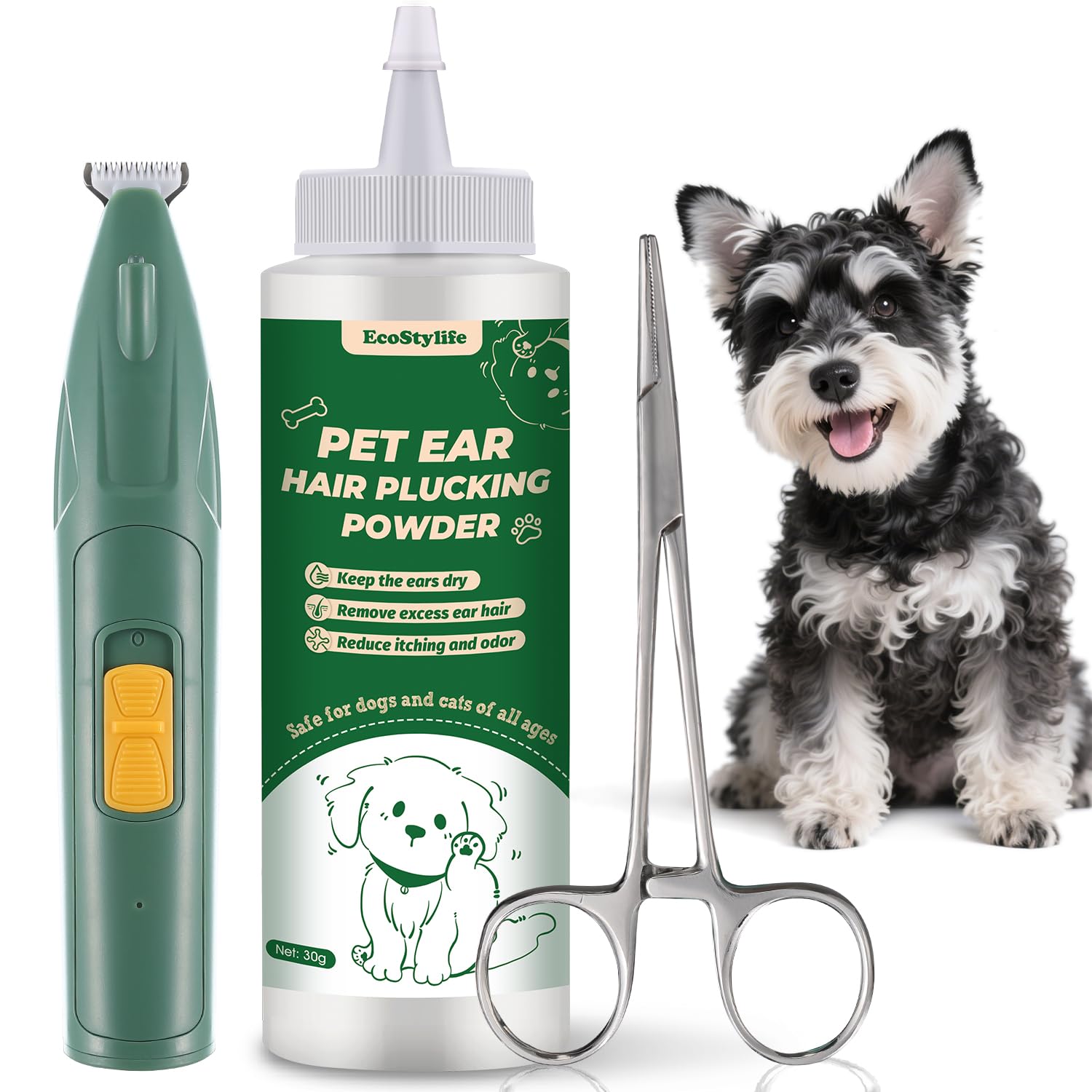 EcoStylife Dog Ear Hair Removal Kit with Powder and Trimmer