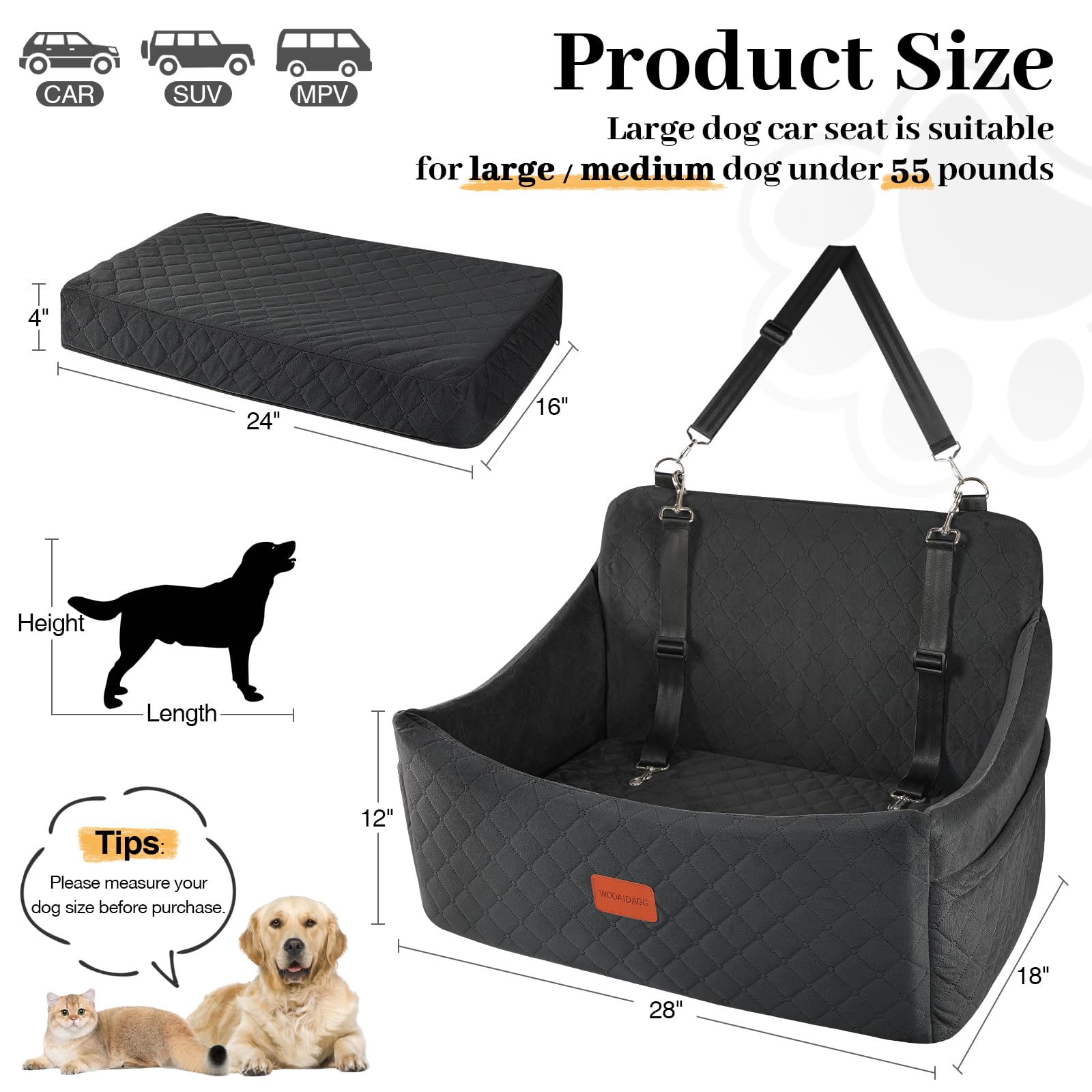 Wooaidagg Memory Foam Dog Car Seat for Dogs Up to 55 lb
