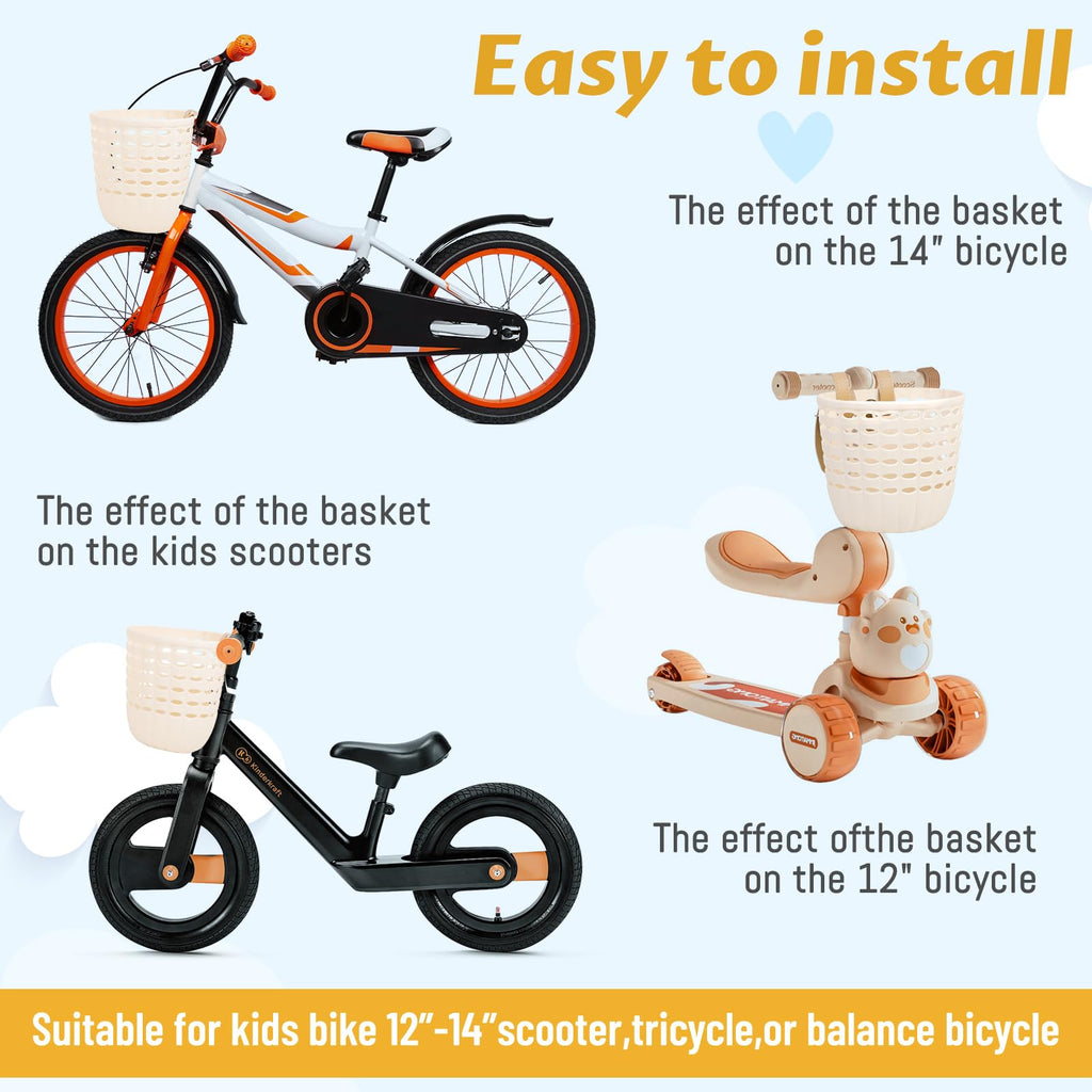 White Kids Front Bike Basket for Bicycles and Scooters