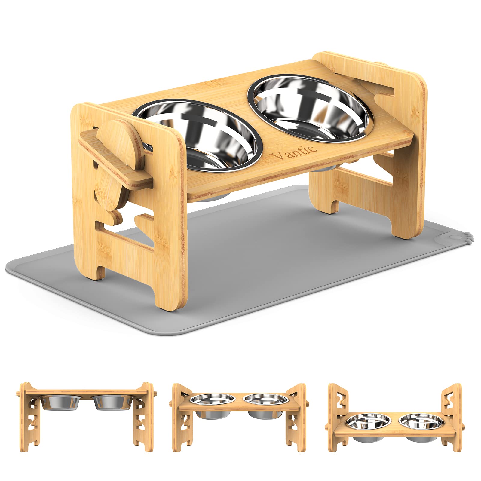 Vantic Adjustable Raised Dog Bowls with Bamboo Stand