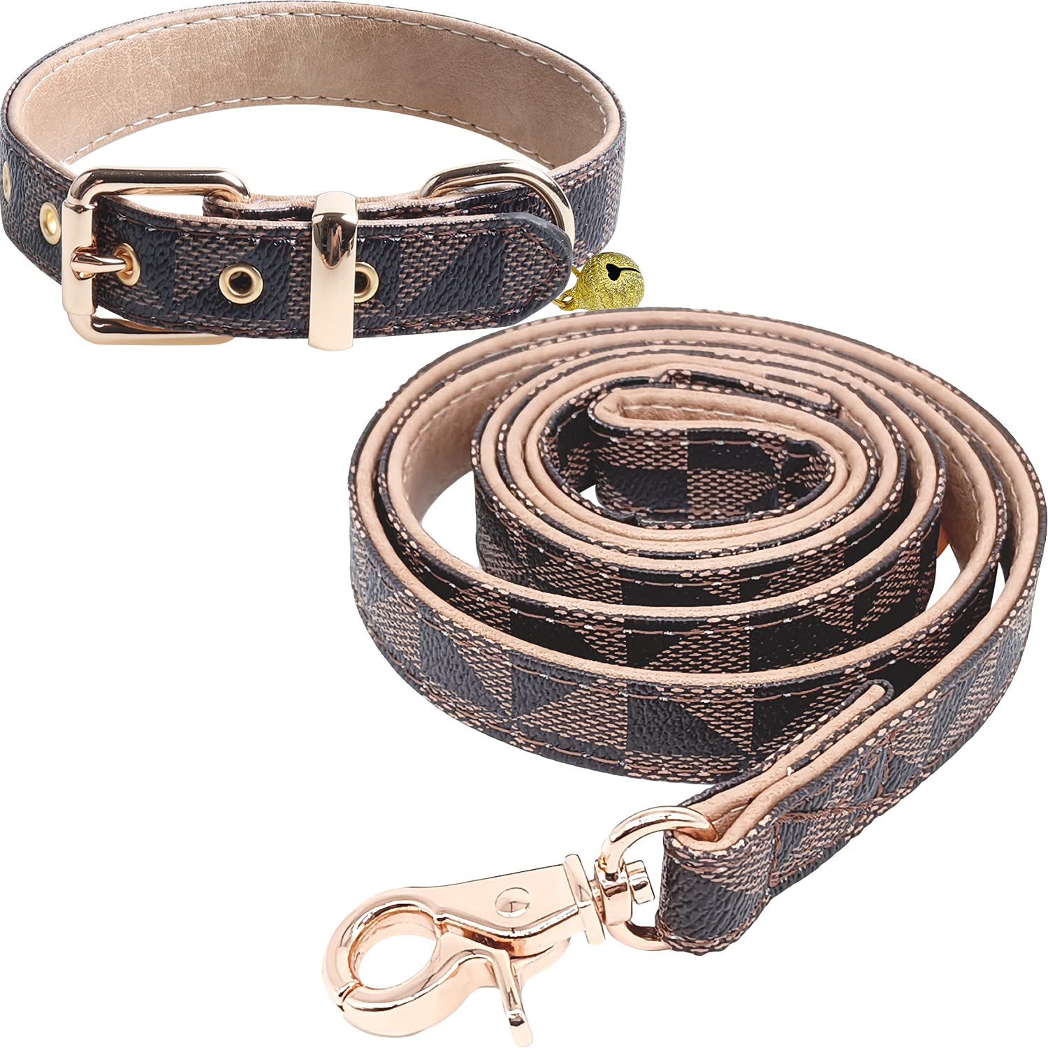 KUDES Checkered Leather Dog Collar and 4 ft Leash Set