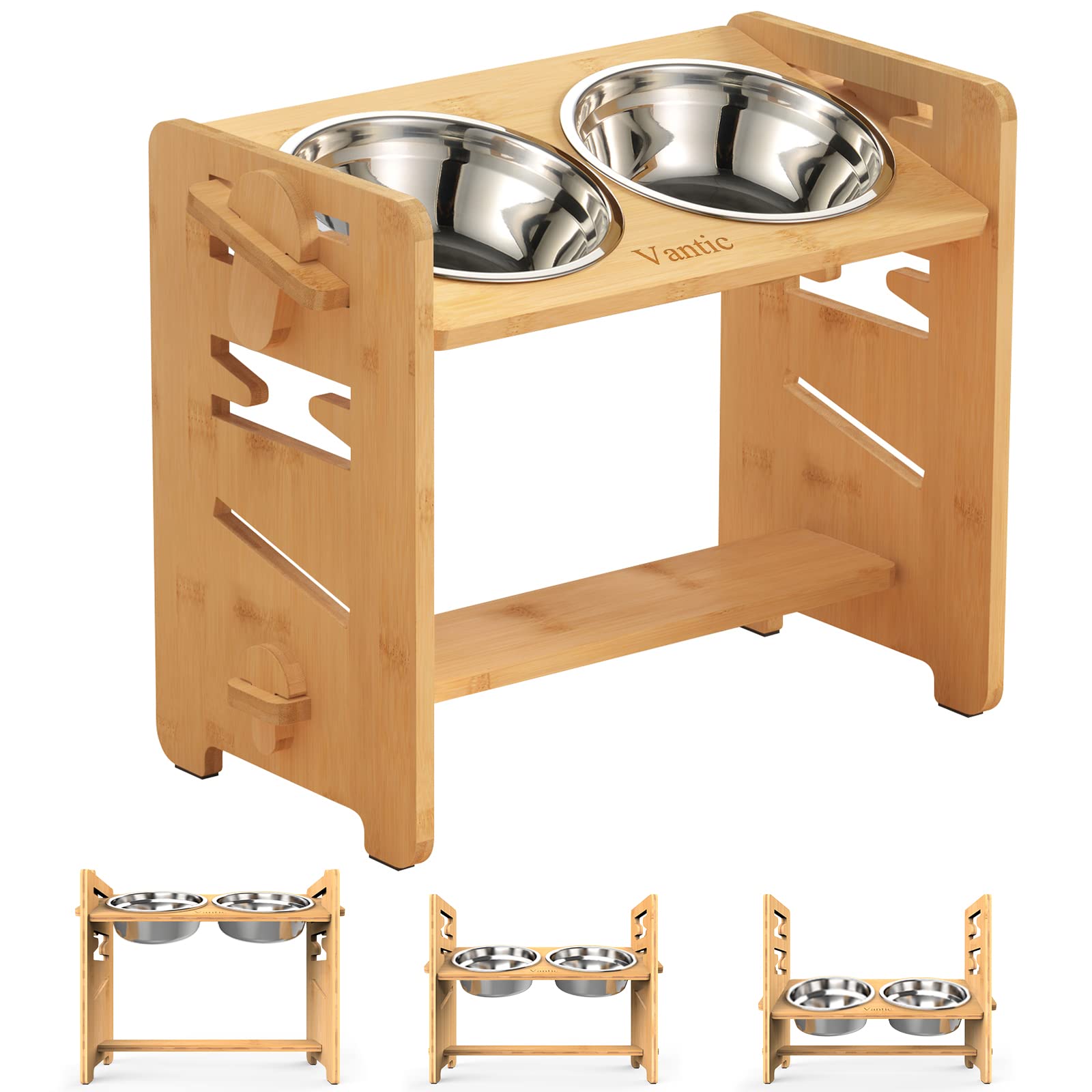 Vantic Adjustable Raised Dog Bowls with Bamboo Stand