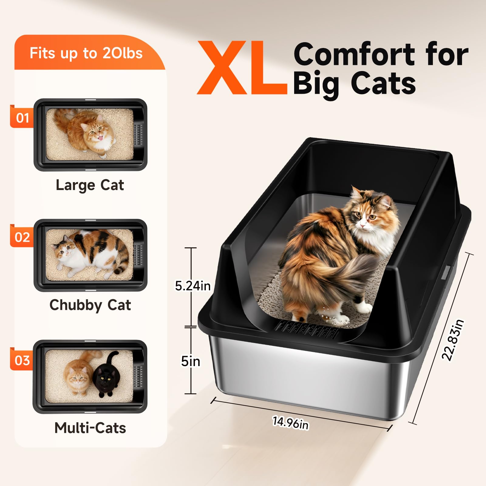 TEVILA XL Stainless Steel High-Sided Litter Boxes, 2-Pack