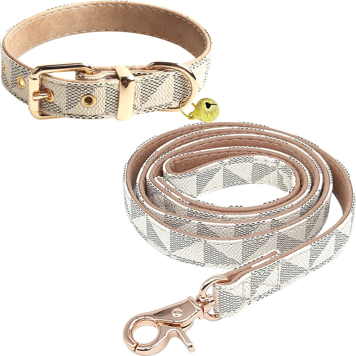 KUDES Checkered Leather Dog Collar and 4 ft Leash Set
