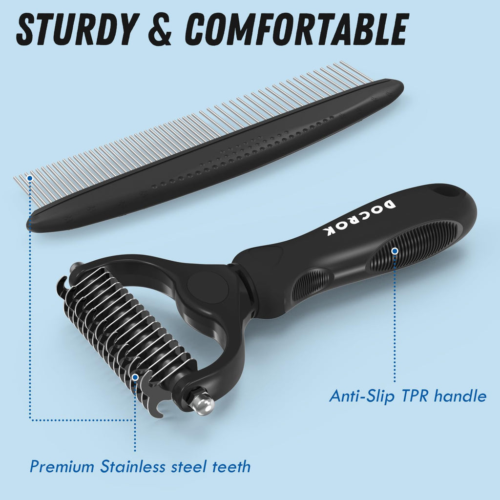 Docrok Pet Grooming Brush and Stainless Steel Comb Set