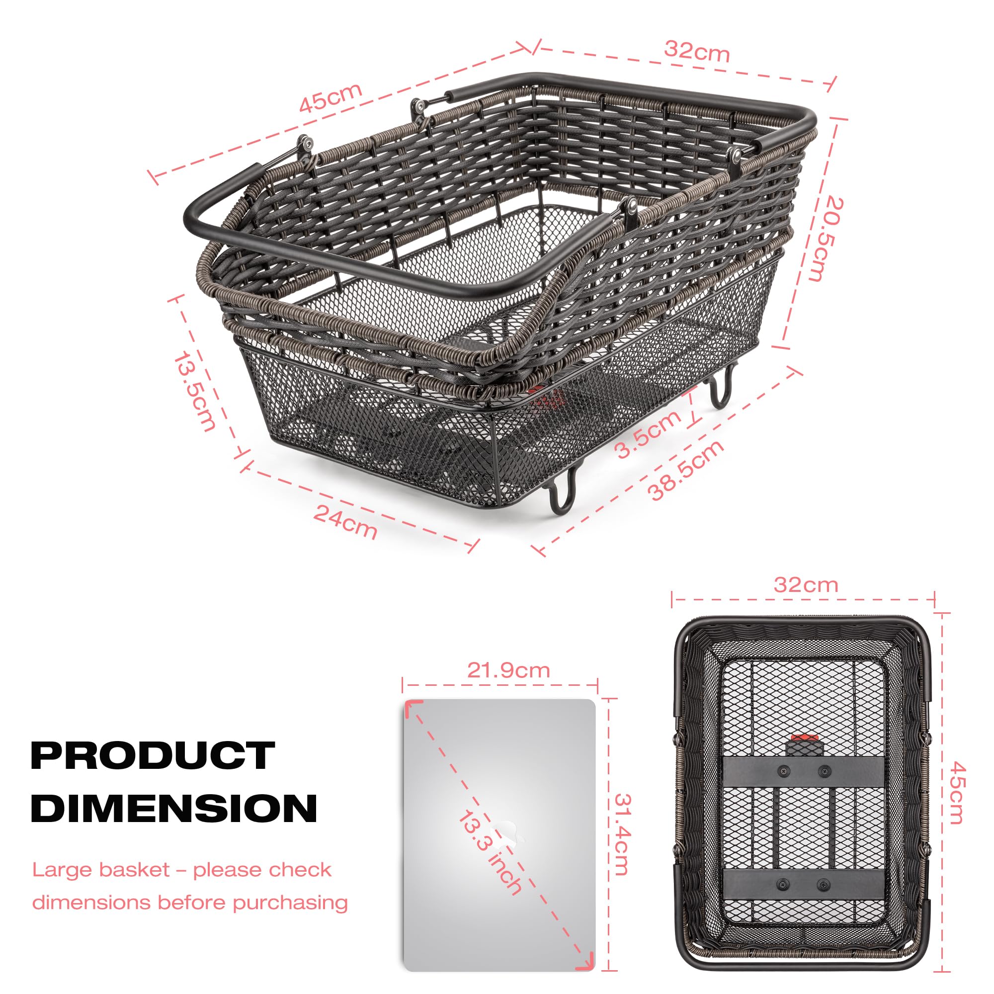 CXWXC Quick-Release Rear Bike Basket with Cover and Net