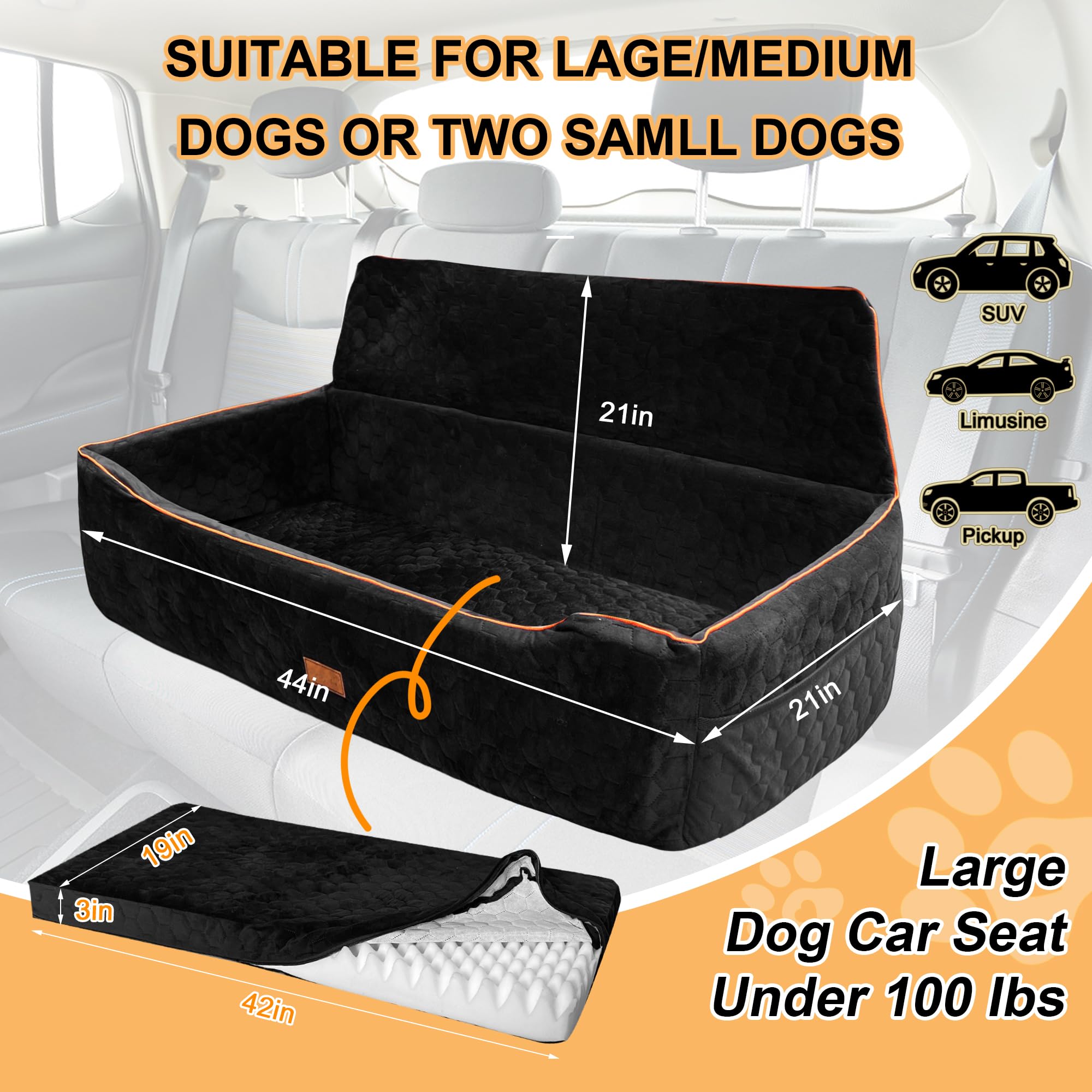 Large Dog Car Seat Bed with Safety Tethers and Storage