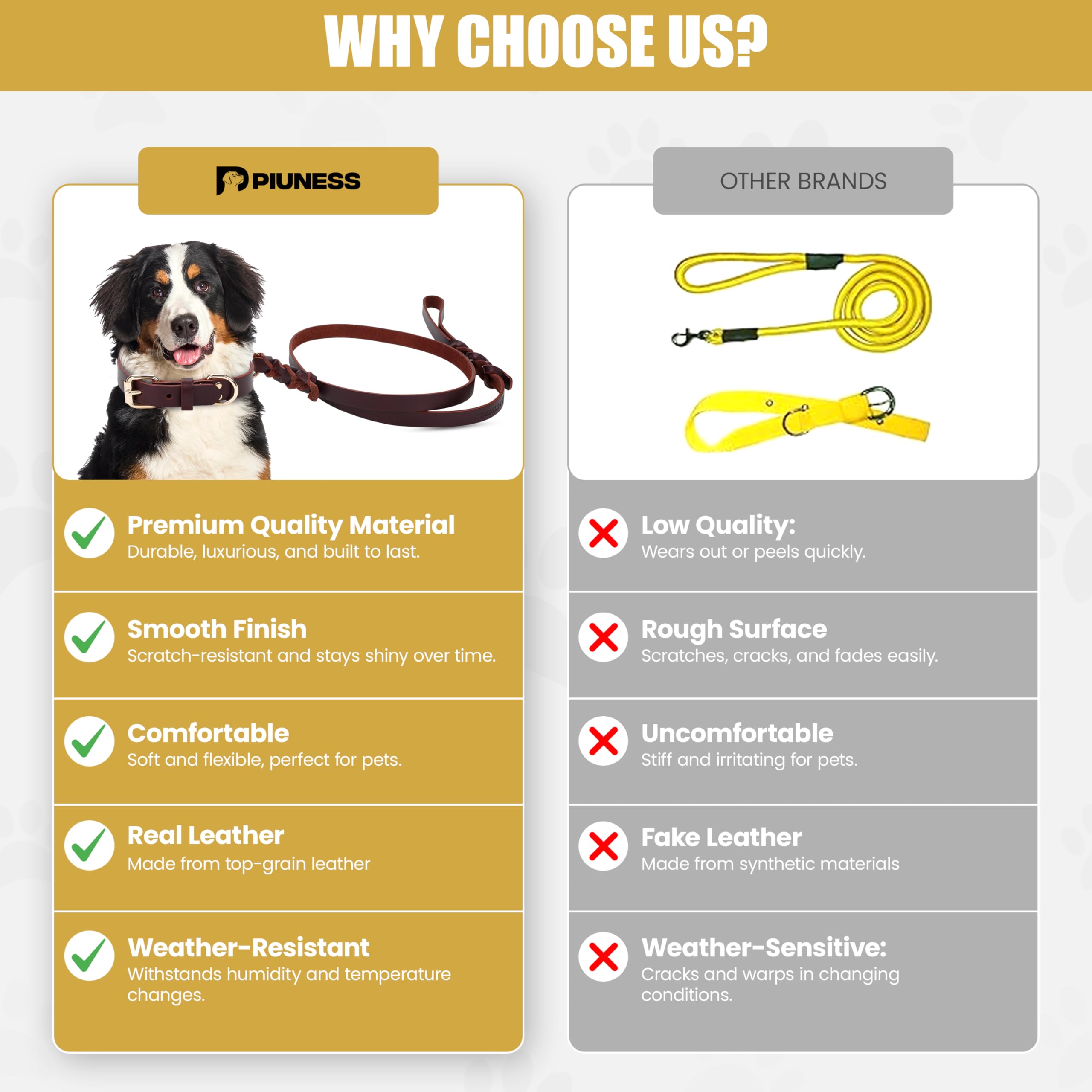 Piuness Genuine Leather Dog Collar and Leash Set