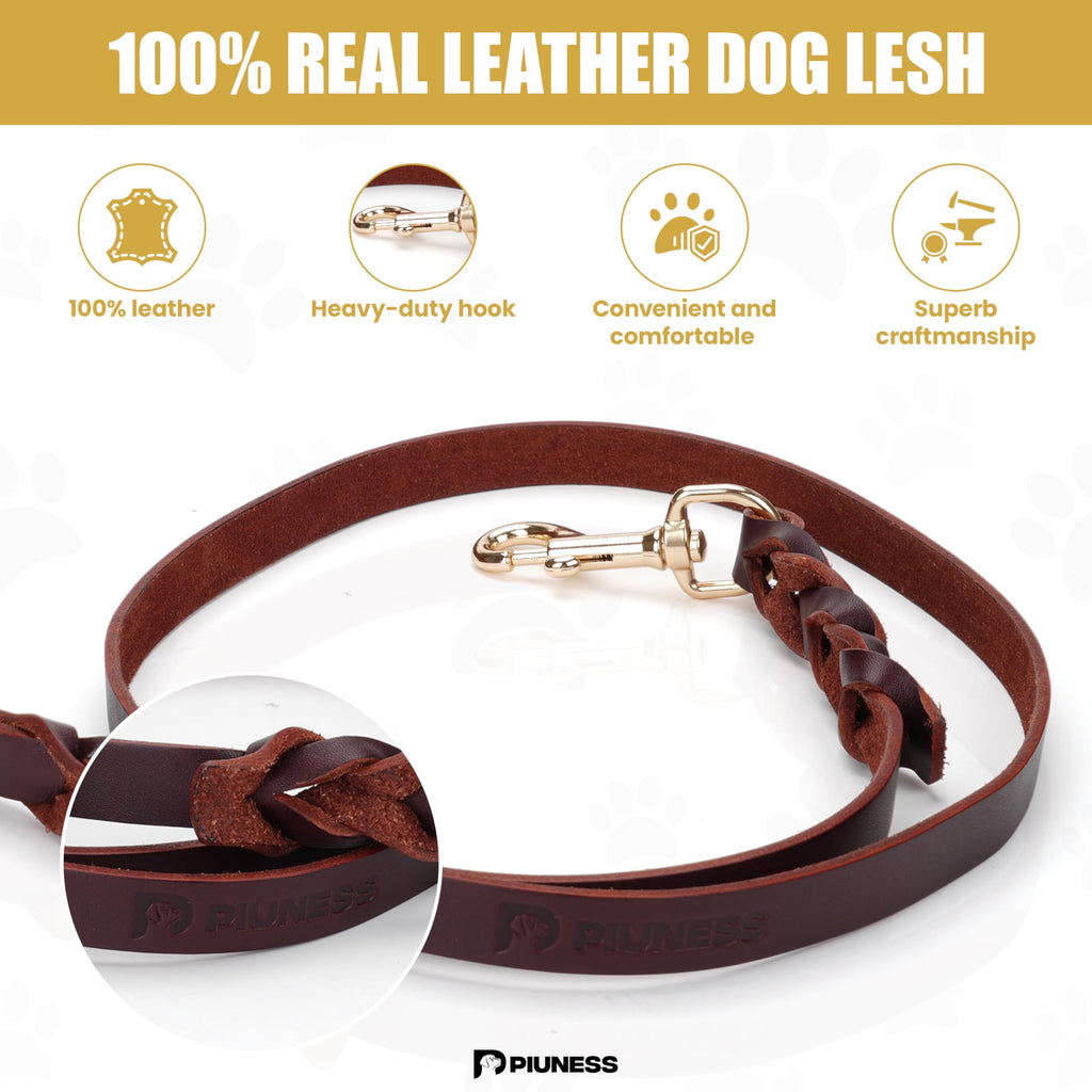 Piuness Genuine Leather Dog Collar and Leash Set