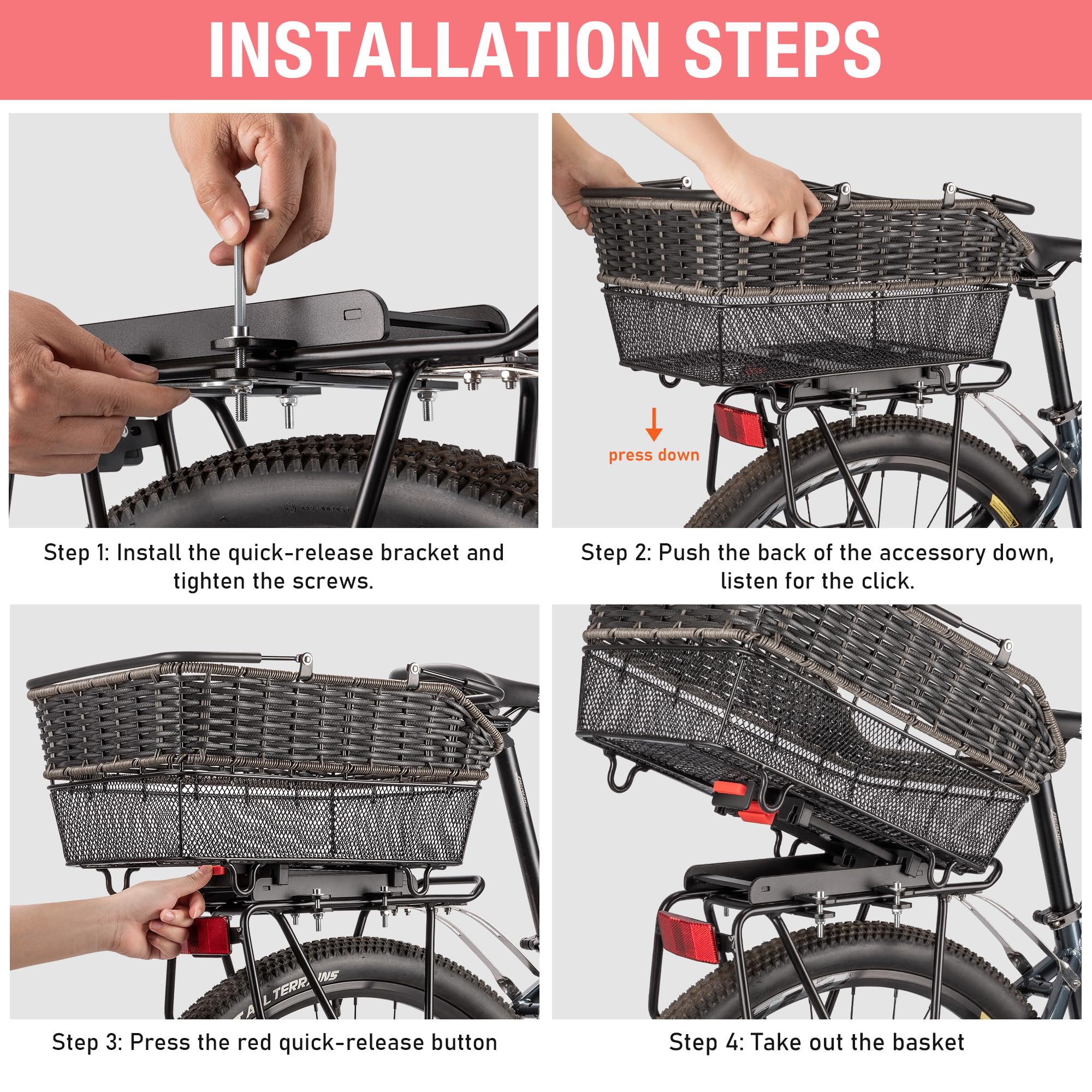 CXWXC Quick-Release Rear Bike Basket with Cover and Net