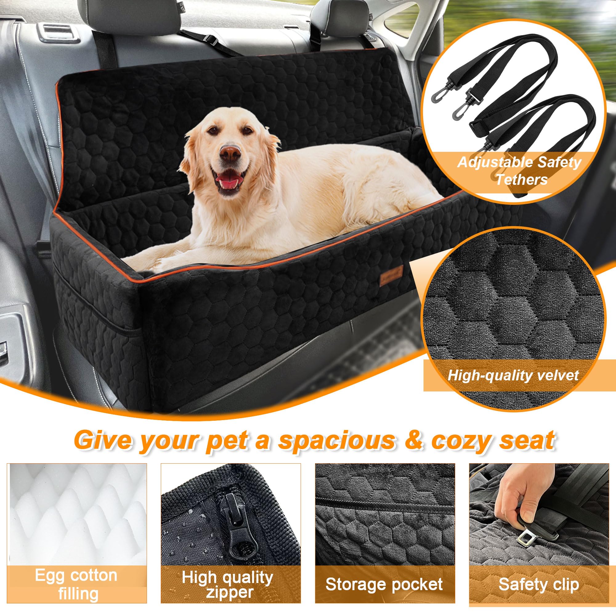 Large Dog Car Seat Bed with Safety Tethers and Storage