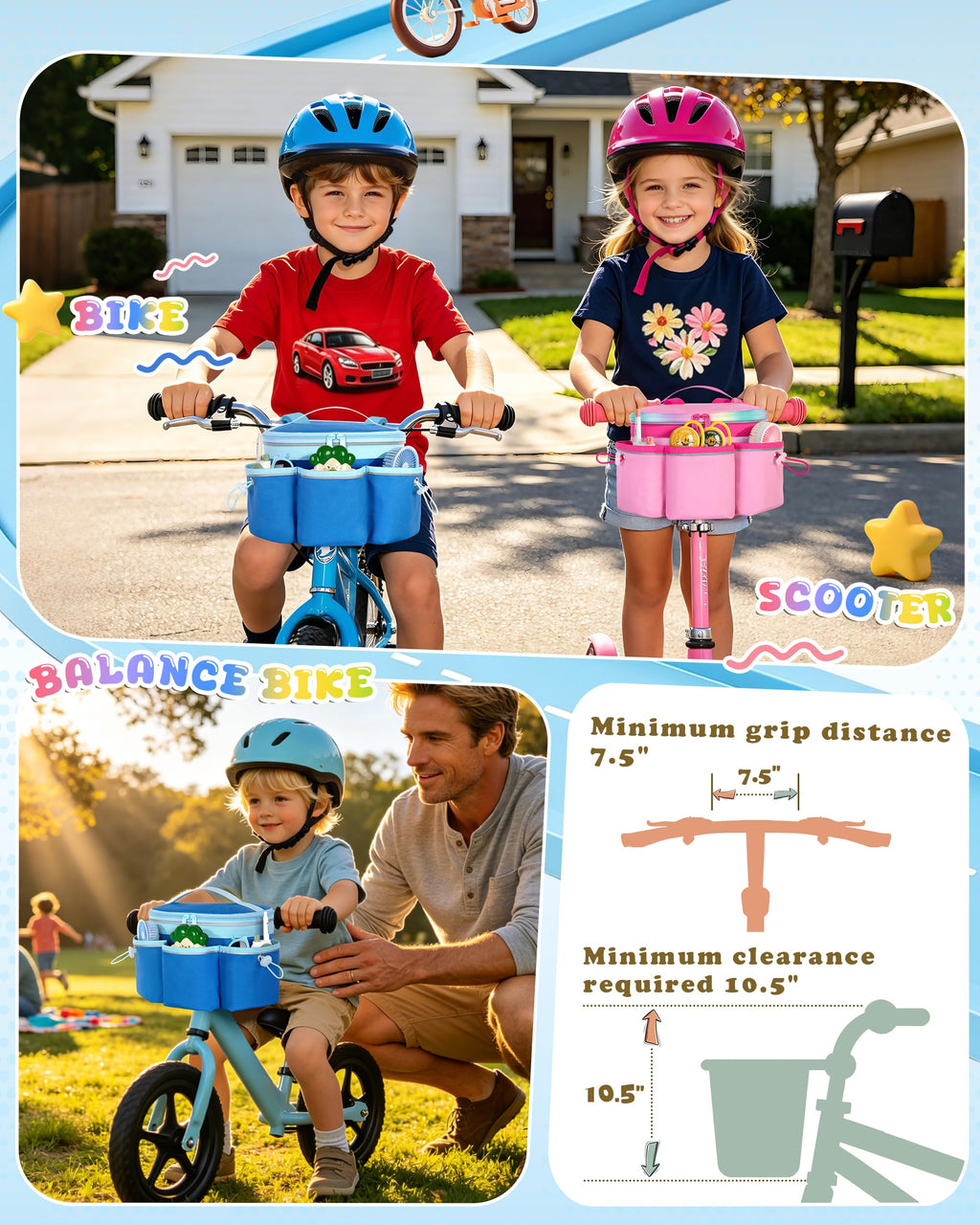 Marscamd Kids Bike Basket with Pockets and Reflective Straps